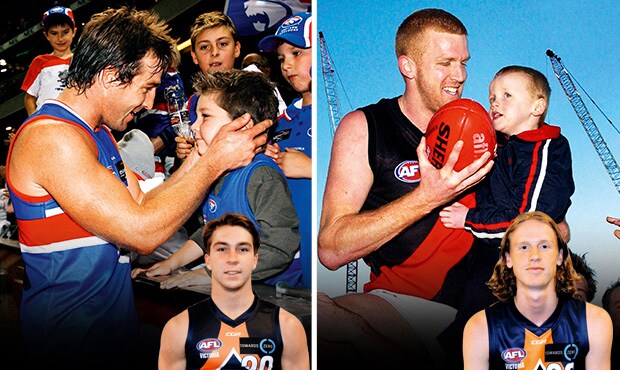WestFletcherSonsAFL620.jpg Scott and Rhylee West, and Dustin and Mason Fletcher back in the day - AFL,Western Bulldogs,Essendon Bombers,Scott West,Dustin Fletcher,Draft,Under-18s